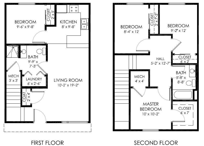 Floor plan for 4 beds, 2 baths, 1140 sqft